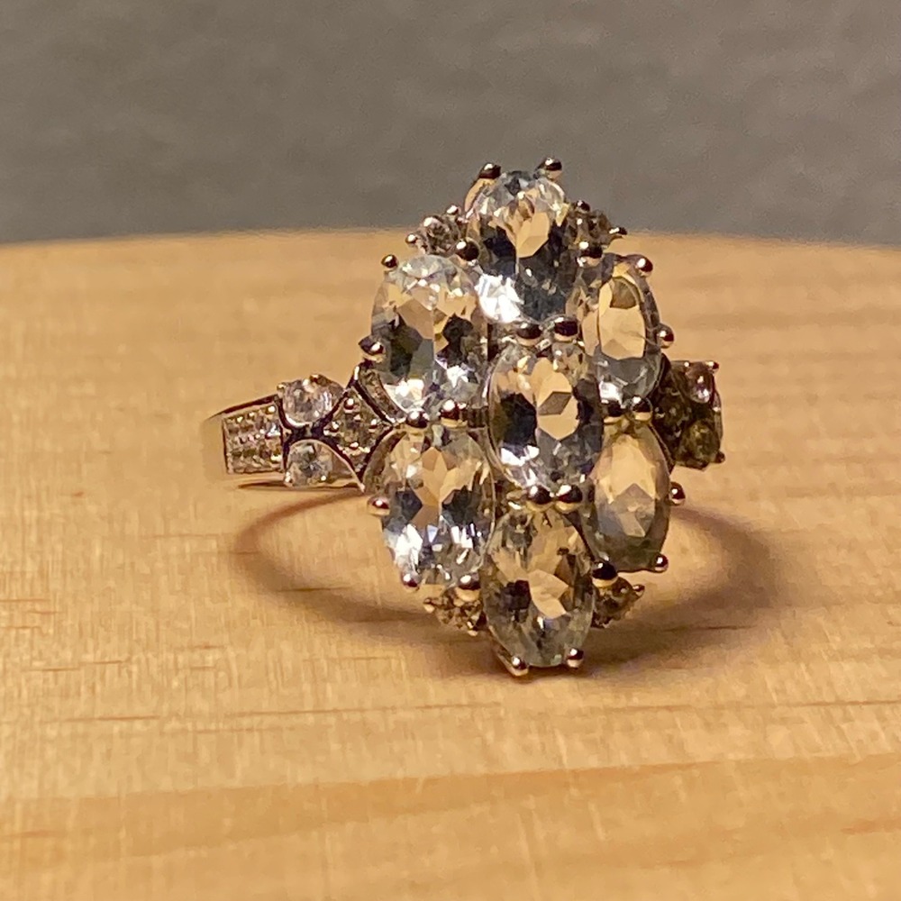 Aquamarine & White Zircon Sterling Silver Ring Size 11 Cocktail Statement‎ New